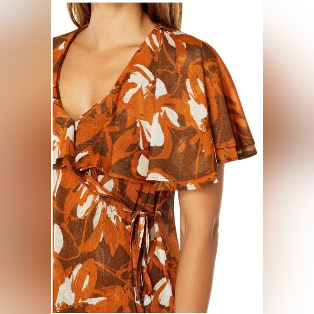 CALVIN KLEIN Flutter Sleeve Wrap Dress 'Earth Multi' Orange Rust Autumn Sz 16 - Picture 4 of 13